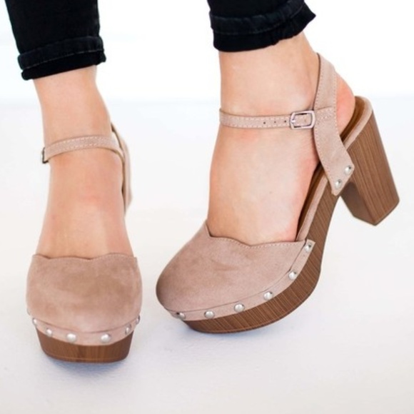 Shoes - Taupe Silver Studded Platform Vegan Suede Heels
